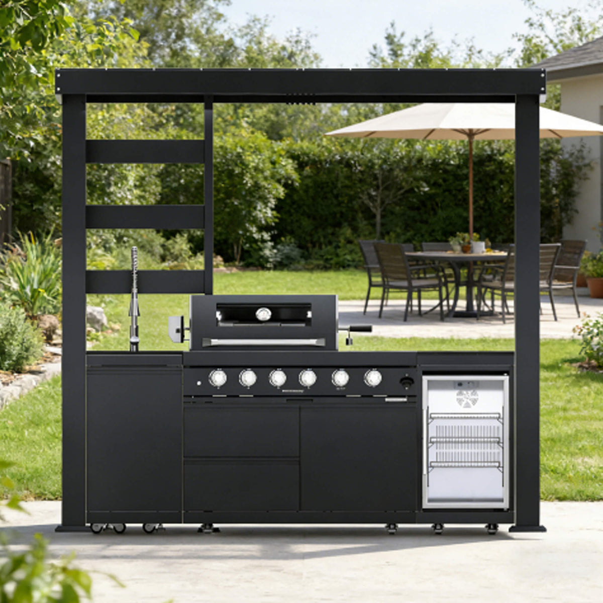 Amalfi 97-Inch 4-Burner 72K BTU LP Outdoor Kitchen Grill Island With Wine Cooler, Rotisserie, Cabinets, And Granite Countertops (SAK70319)