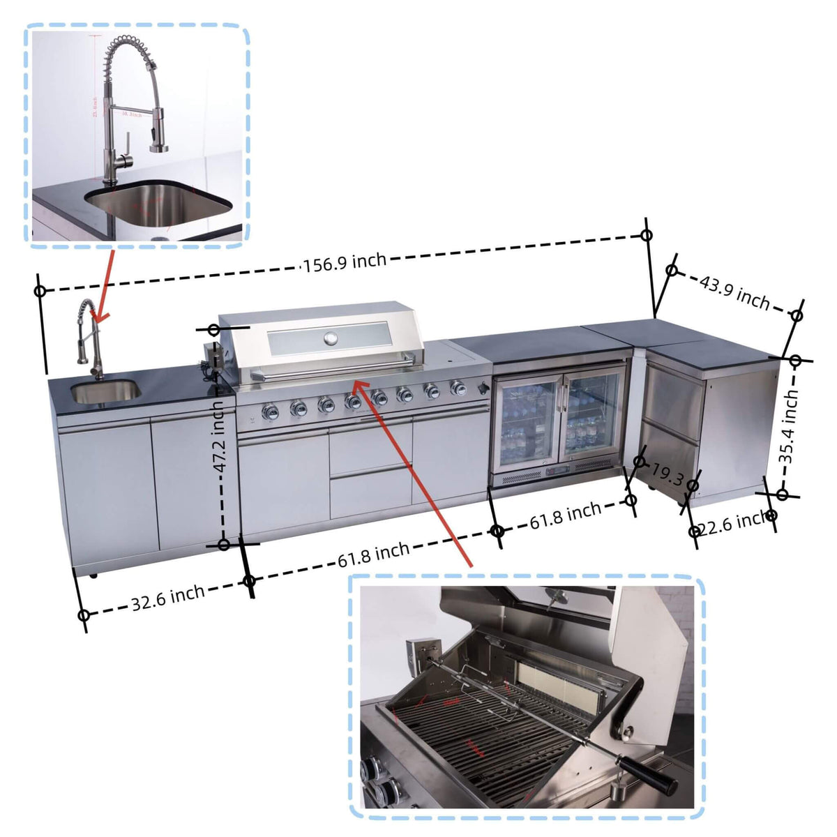 Montclair 58-Inch 6-Burner 96K BTU Gas Outdoor Liquid Propane Grill Island With Wine Cooler And Rotisserie (SAK31642)