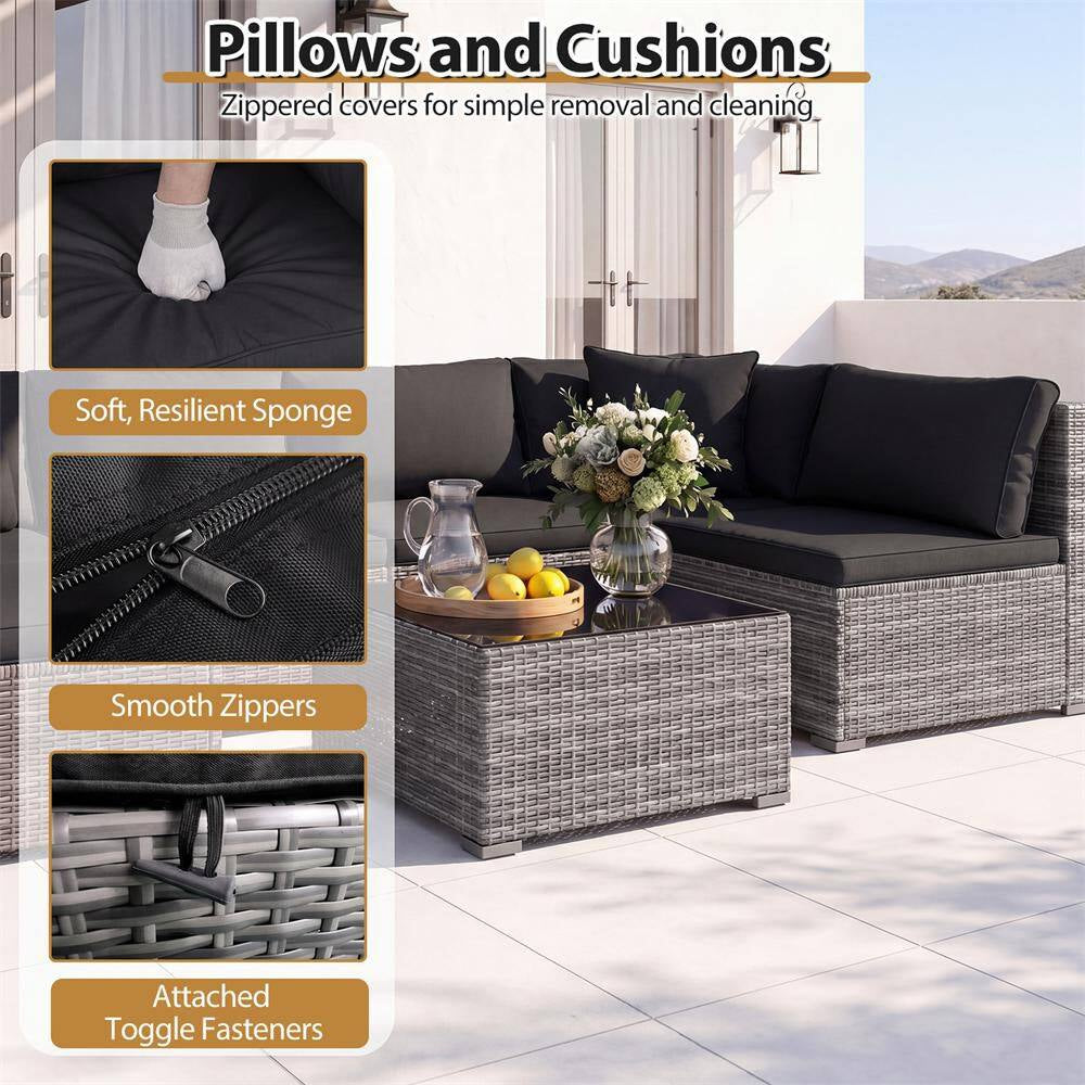 7-Piece Wicker Patio Outdoor Sectional Set Sofa with Cushionguard Black Cushions