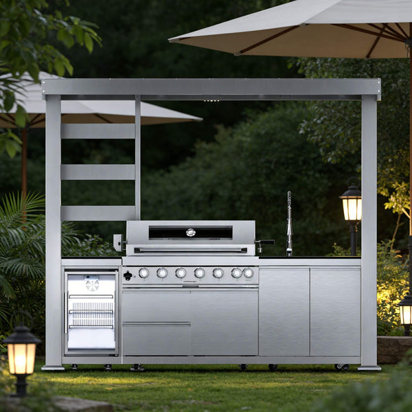 Blaze 108-Inch 6-Burner 85K BTU Deluxe Stainless Steel Liquid Propane Outdoor Kitchen Grill Island With Wine Cooler, Rotisserie, Cabinets, And Granite Countertops (SAK58310)