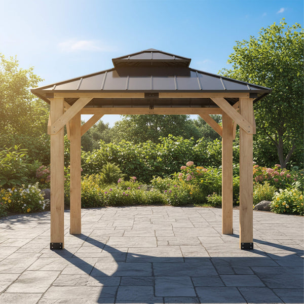 [10X10FT] Permanent Galvanized Steel Double Roof Cedar Wood Gazebo (SAK73842)