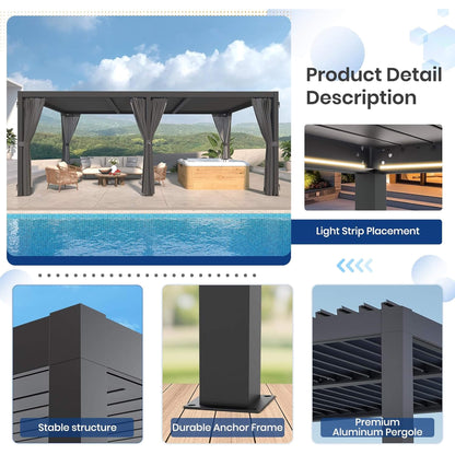 [10X20FT] Premium Louvered Pergola With Curtains And Netting (SAK67041)