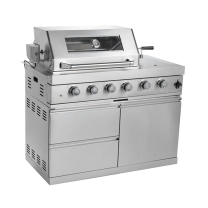 Imperial 110-Inch 4-Burner 72K BTU Deluxe Stainless Steel Outdoor Kitchen Grill Island With Wine Cooler, Rotisserie, Cabinets, And Granite Countertops (SAK94721)