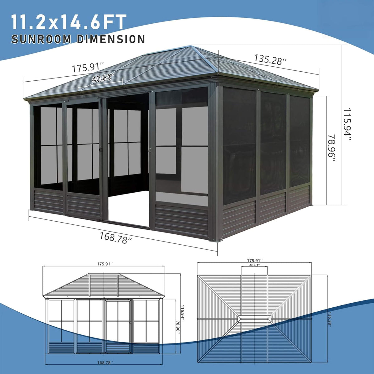 [11X14FT] Meridian Premium Four Season Outdoor Aluminum Hardtop Gazebo Sunroom With Galvanized Steel Roof, Sliding Doors And Movable PVC Screen Walls (SAK88776)