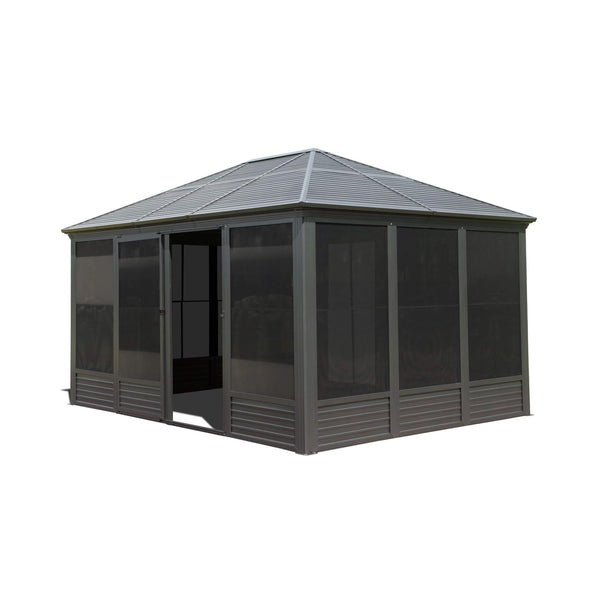 [11X14FT] Meridian Premium Four Season Outdoor Aluminum Hardtop Gazebo Sunroom With Galvanized Steel Roof, Sliding Doors And Movable PVC Screen Walls (SAK88776)