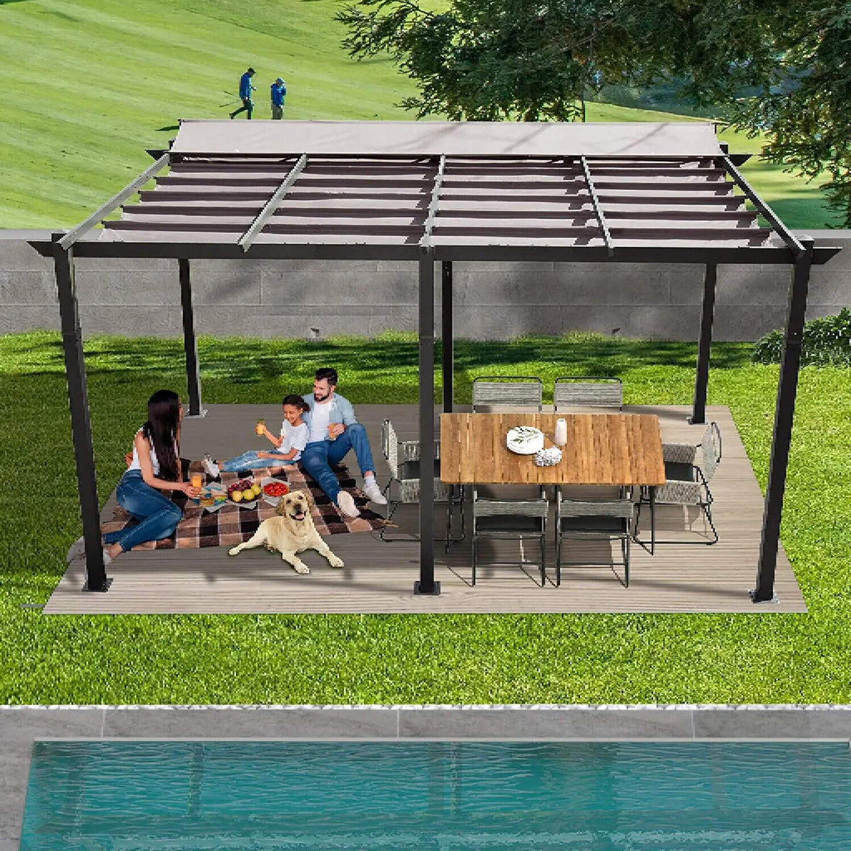 [11X16FT] Outdoor Retractable Backyard Aluminum Metal Pergola With Roof (SAK16804)