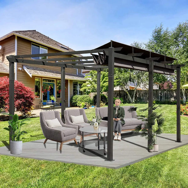 [11X16FT] Outdoor Retractable Backyard Aluminum Metal Pergola With Roof (SAK16804)