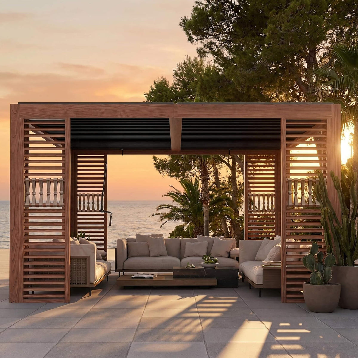 [12X12FT] Premium Outdoor Wood Grain Louvered Pergola With Integrated Drainage (SAK74256)