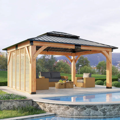 [12X14FT] Modern Double-Tier Hardtop Spruce Wood Gazebo With Built-In Privacy Wall & Ceiling Hooks (SAK75086)