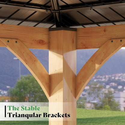 [12X14FT] Modern Double-Tier Hardtop Spruce Wood Gazebo With Built-In Privacy Wall & Ceiling Hooks (SAK75086)