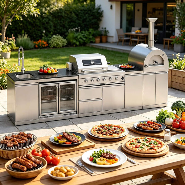 150-Inch 4-Burner 108K BTU Outdoor Kitchen Island With Pizza Oven, Rotisserie & Refrigerator (SAK36412)