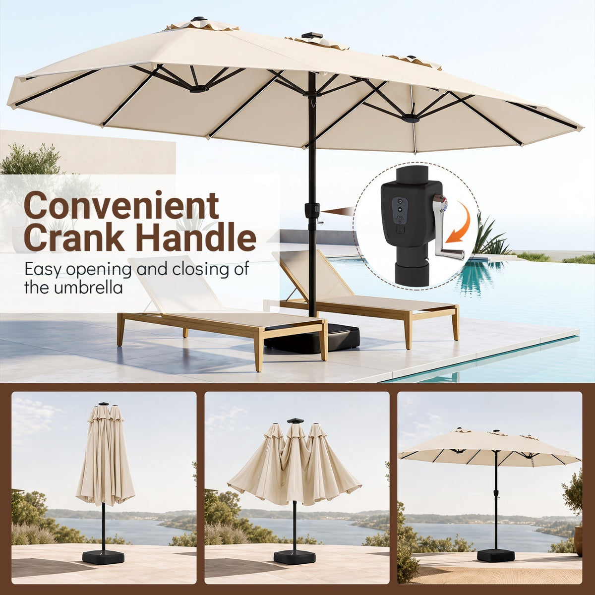 15.5 ft Patio Umbrella with Solar LED Lights & Crank