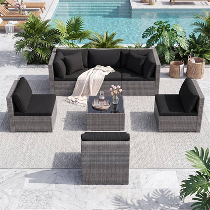7-Piece Wicker Patio Outdoor Sectional Set Sofa with Cushionguard Black Cushions