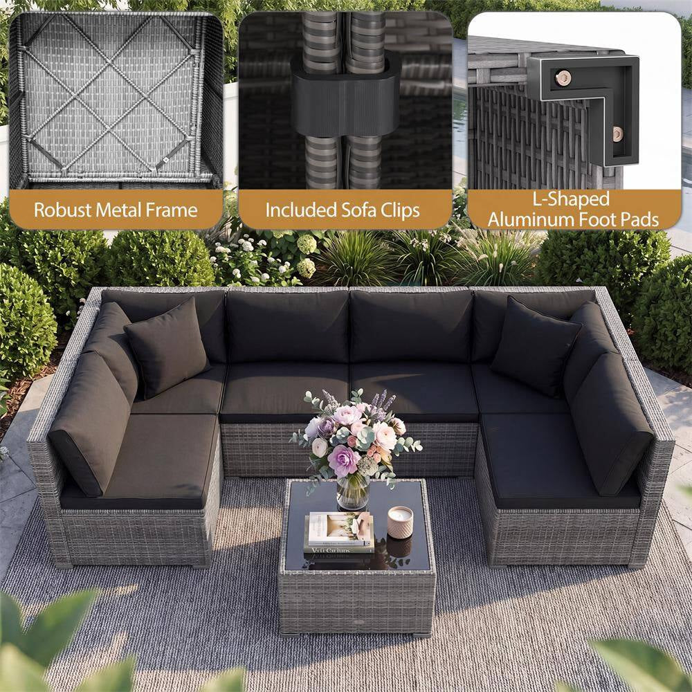 7-Piece Wicker Patio Outdoor Sectional Set Sofa with Cushionguard Black Cushions