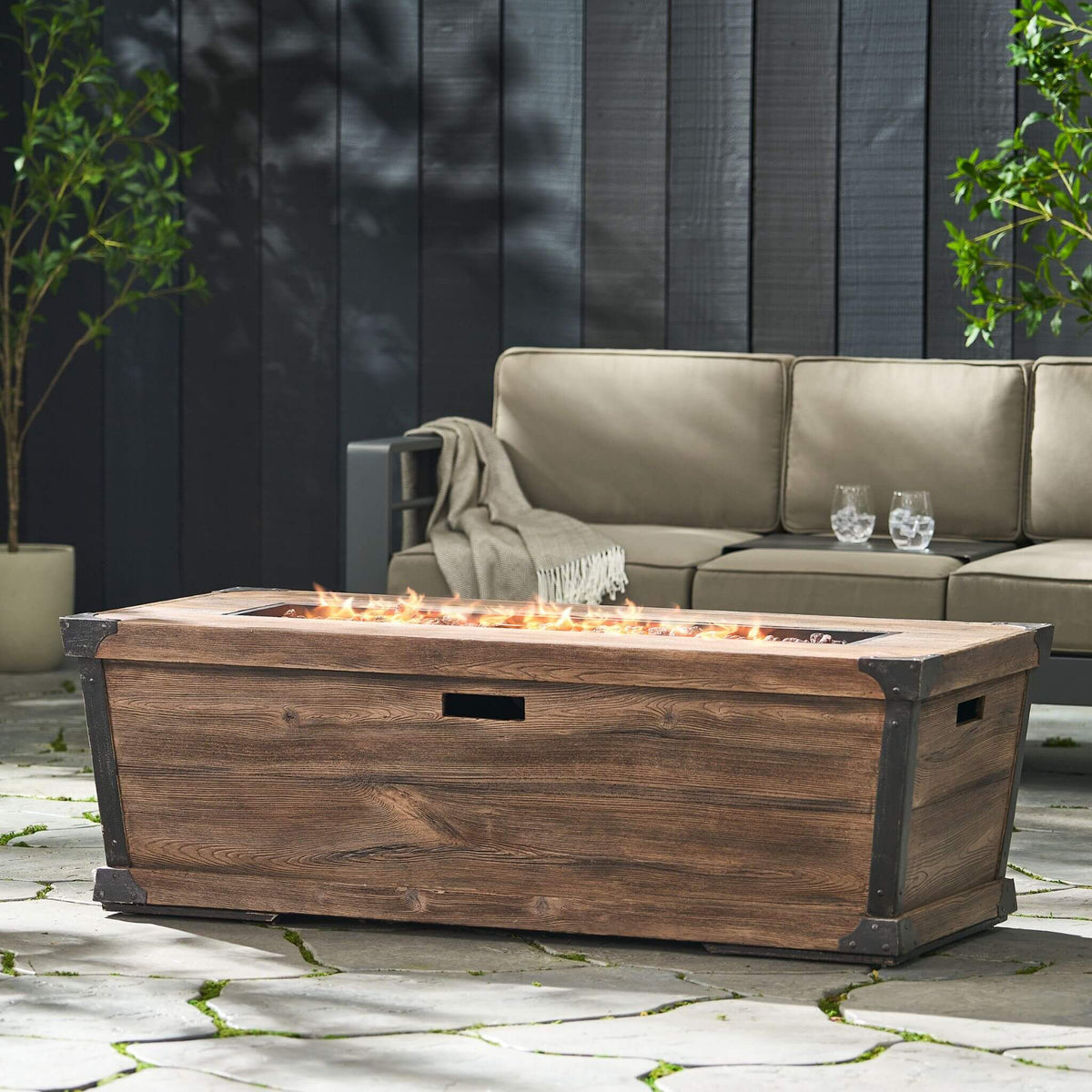 56-Inch Outdoor 50K BTU Wood Pattern Rectangle Gas Burning Fire Pit (SAK43681)