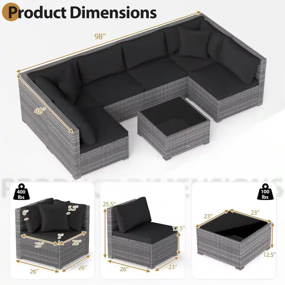 7-Piece Wicker Patio Outdoor Sectional Set Sofa with Cushionguard Black Cushions