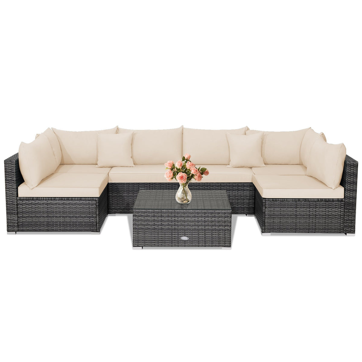 7 Pieces Patio Rattan Furniture Set Sectional Sofa Garden Cushion