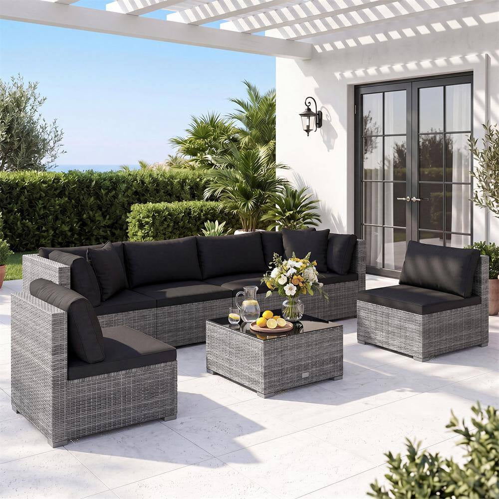 7-Piece Wicker Patio Outdoor Sectional Set Sofa with Cushionguard Black Cushions