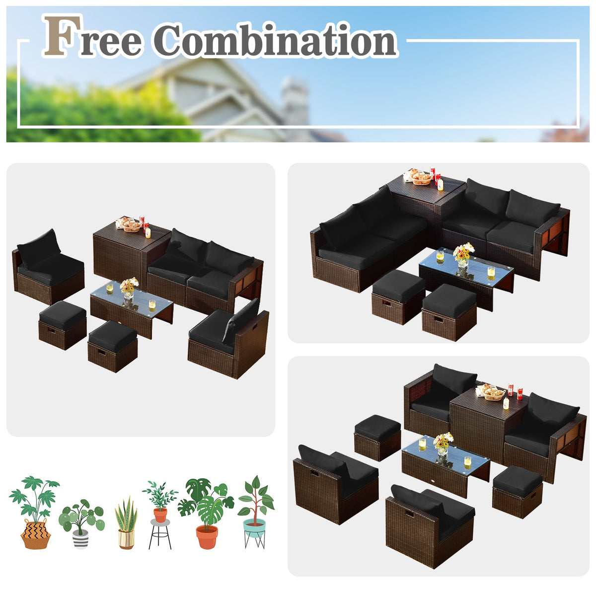 8 Pieces Patio Space-Saving Rattan Furniture Set with Storage Box and Waterproof Cover-Gray