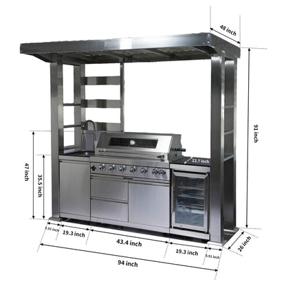 Astoria 94-Inch 6-Burner 85K BTU Outdoor Kitchen Grill Island With Wine Cooler, Rotisserie, Cabinets, And Granite Countertops (SAK68014)