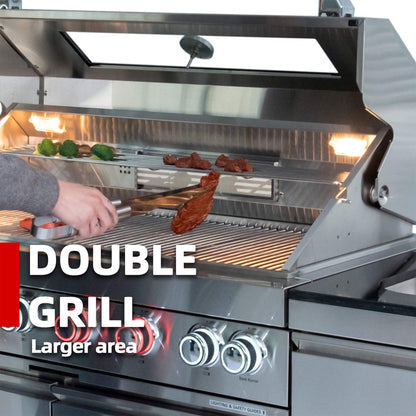 Astoria 94-Inch 6-Burner 85K BTU Outdoor Kitchen Grill Island With Wine Cooler, Rotisserie, Cabinets, And Granite Countertops (SAK68014)