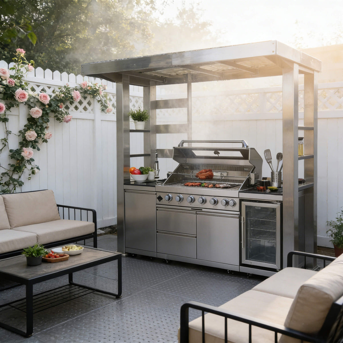 Astoria 94-Inch 6-Burner 85K BTU Outdoor Kitchen Grill Island With Wine Cooler, Rotisserie, Cabinets, And Granite Countertops (SAK68014)
