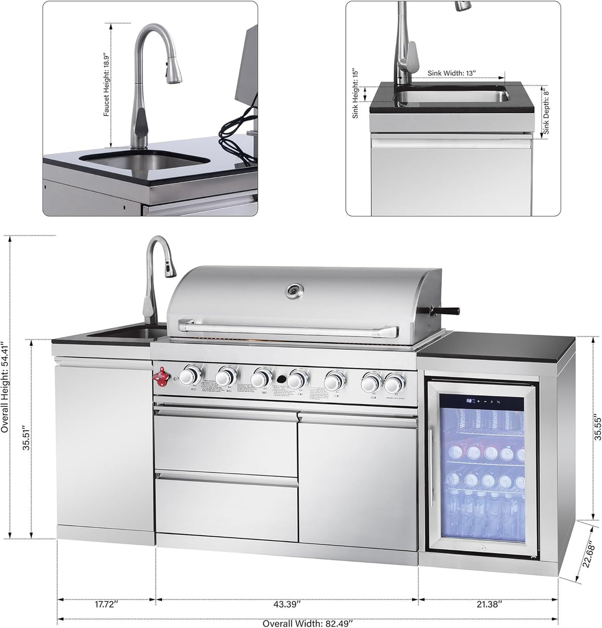 Outdoor Kitchen Island with Built in Grill, 6 Burner 83500 BTU Stainless Steel Gas Barbecue Island, Patio Cooking Station with Sink & Wine Cooler, Built in Grill Island for Backyard (Silver)
