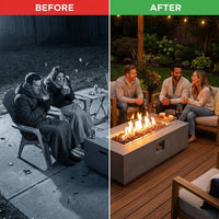 Hampton Fire Table Outdoor Fire Pit 56" X 32" Cast Concrete Firepit Includes Lava Rocks 45,000 Btus Outdoor Fireplace for Patio Furniture Set, Deck, Porch, Outdoor Heater - Liquid Propane — Before & After