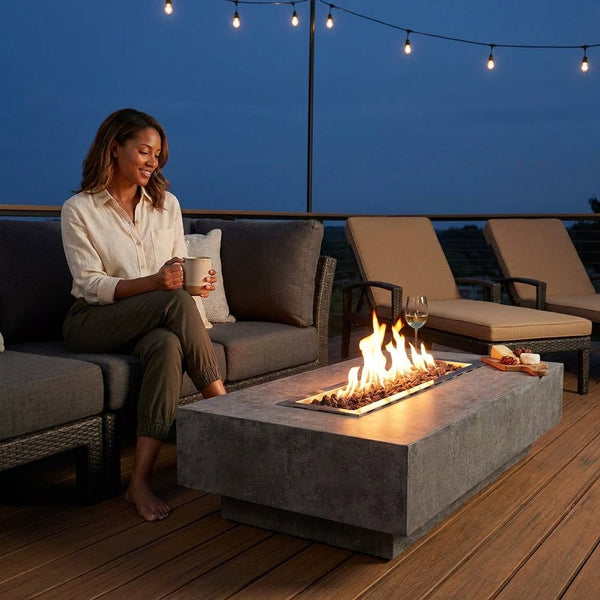 Outdoor Fire Pit Table Built for Year-Round Entertaining, 56" Cast Concrete, 45,000 BTU, Lava Rock