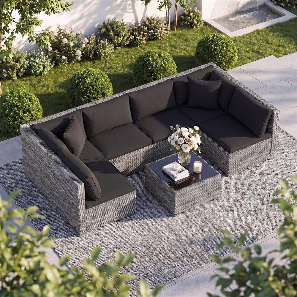7-Piece Wicker Patio Outdoor Sectional Set Sofa with Cushionguard Black Cushions