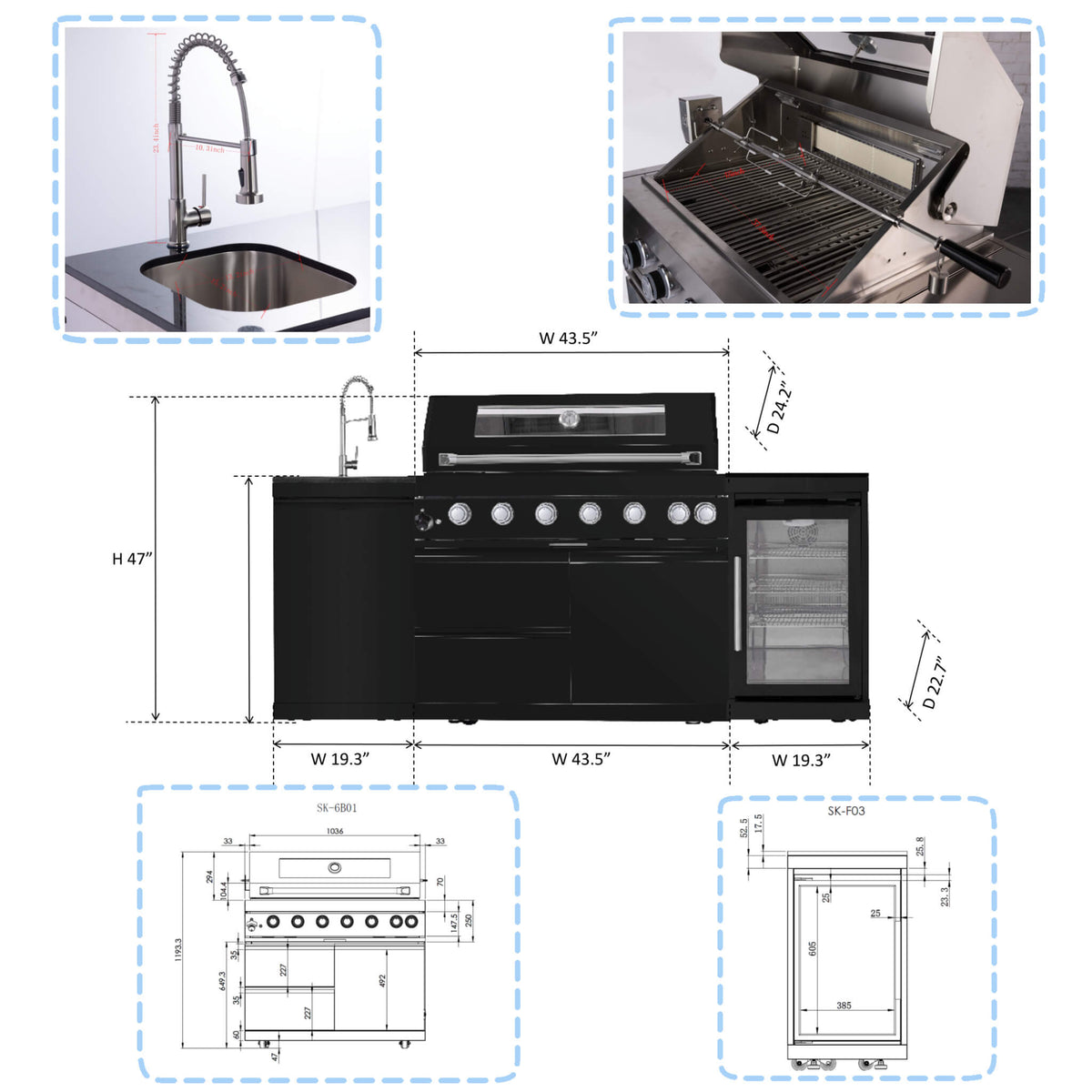 Avalon 43-Inch 6-Burner 85K BTU Outdoor BBQ Kitchen Grill Island With Wine Fridge, Rotisserie Kit, And Sink (SAK23864)