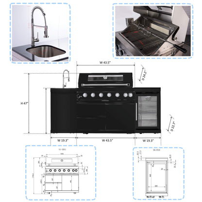 Avalon 43-Inch 6-Burner 85K BTU Outdoor BBQ Kitchen Grill Island With Wine Fridge, Rotisserie Kit, And Sink (SAK23864)