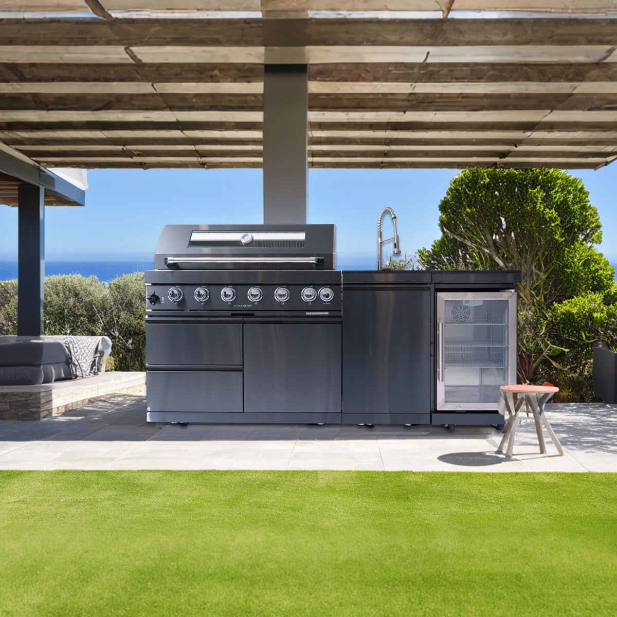 Avalon 43-Inch 6-Burner 85K BTU Outdoor BBQ Kitchen Grill Island With Wine Fridge, Rotisserie Kit, And Sink (SAK23864)
