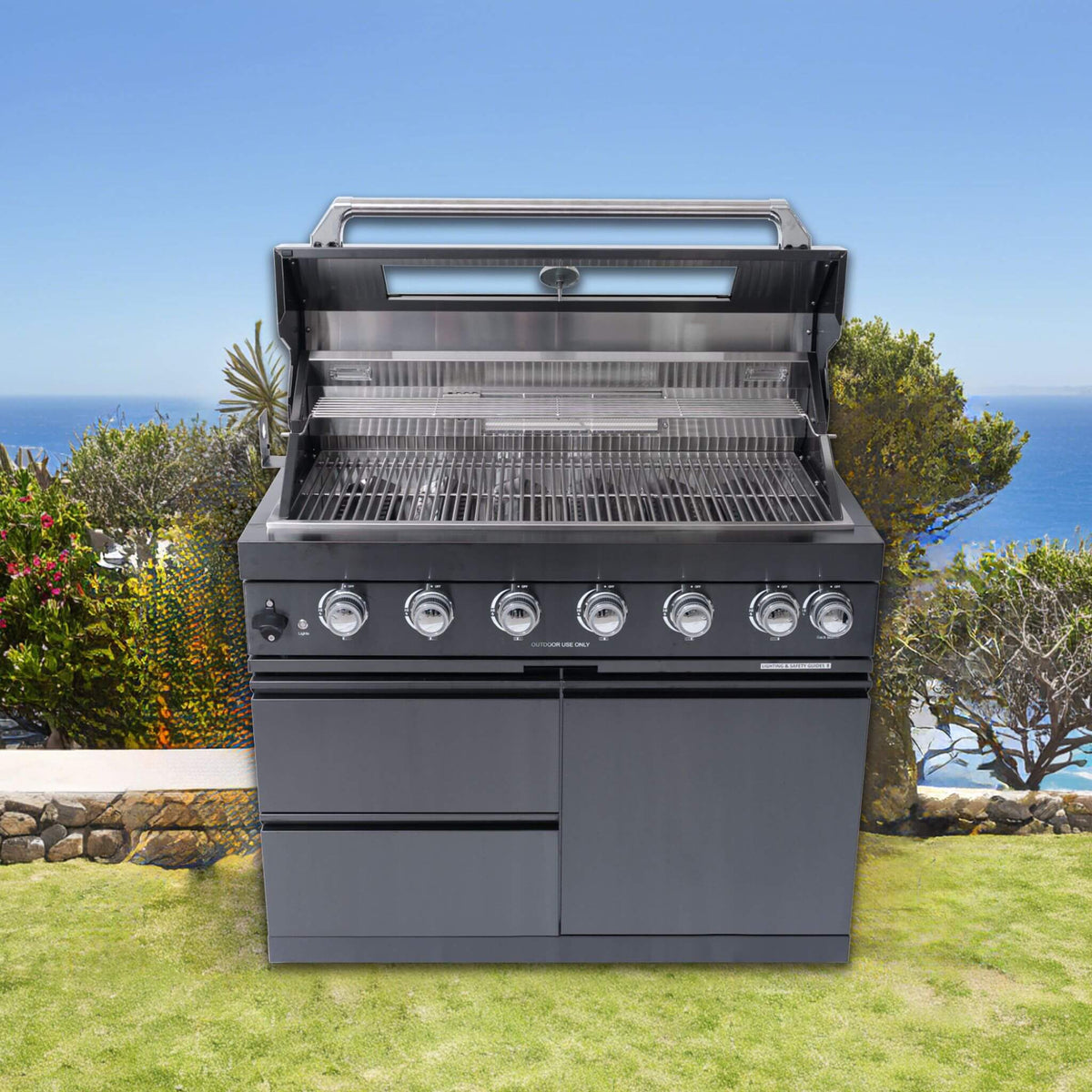 Inferno Premium Black Stainless Steel 6-Burner Liquid Propane Kitchen Grill Island With Rotisserie Kit (SAK82641)