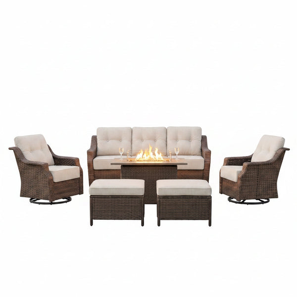 Luxurious 7 Piece Patio Furniture Set with Fire Pit Table, High Back Wicker Swivel Rocker Glider Outdoor Chairs with 6" Cushion, All-Weather Patio Conversation Set for Yard Garden - Brown/Beige