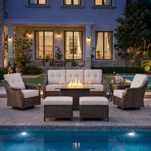 Luxurious 7 Piece Patio Furniture Set with Fire Pit Table, High Back Wicker Swivel Rocker Glider Outdoor Chairs with 6" Cushion, All-Weather Patio Conversation Set for Yard Garden - Brown/Beige