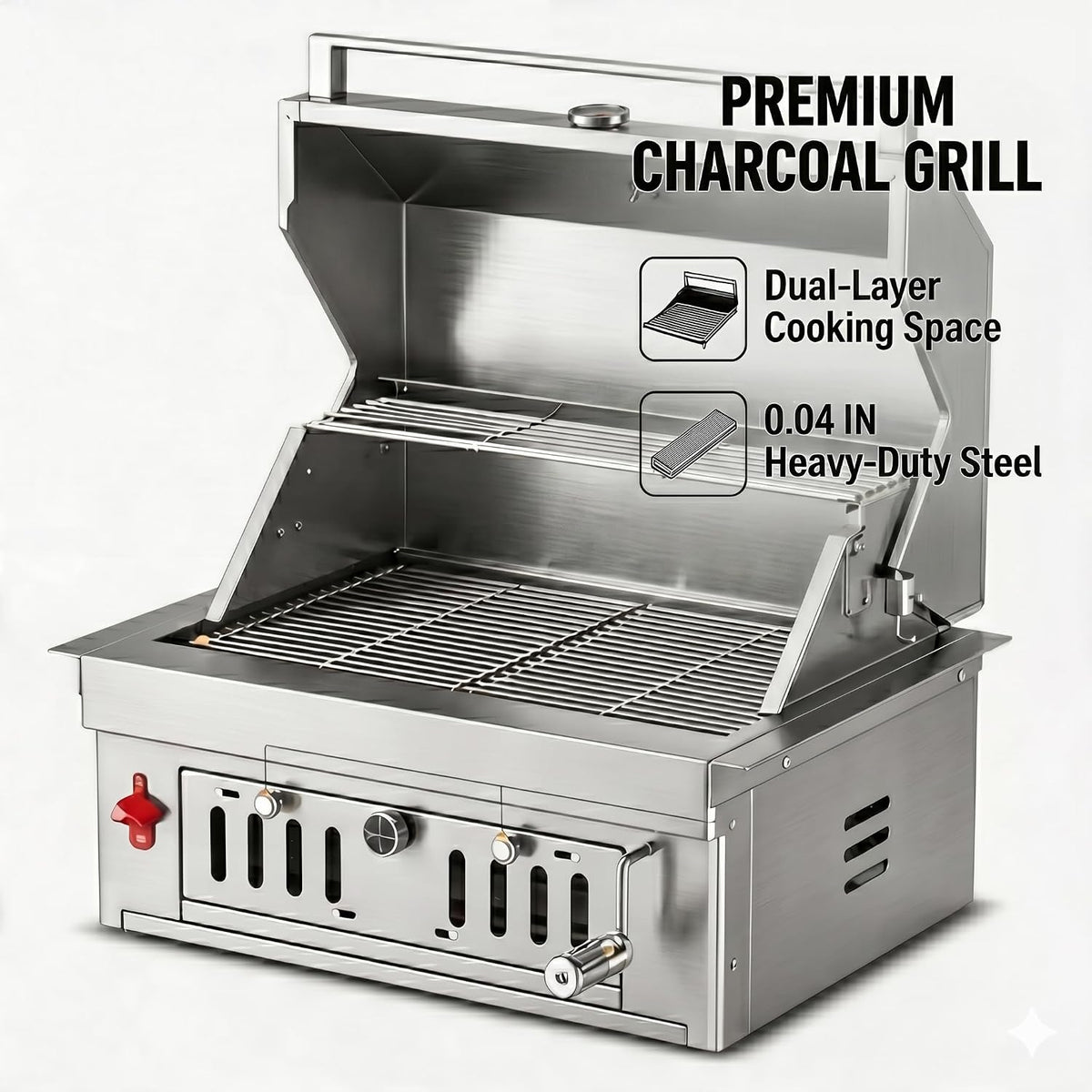 27-IN Premium Portable 304 Stainless Steel Built-In Charcoal Grill with Adjustable Charcoal Tray, Large Front Access Door, and Side Vents, Ideal for Outdoor Family BBQ Gatherings