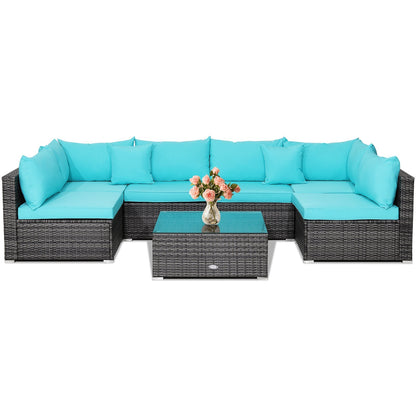 7 Pieces Patio Rattan Furniture Set Sectional Sofa Garden Cushion
