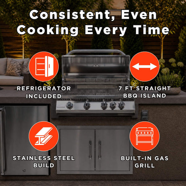 KoKoMo Grills 7FT Straight BBQ Island With Built-In BBQ And Refrigerator [Made-To-Order] (SAK46187)