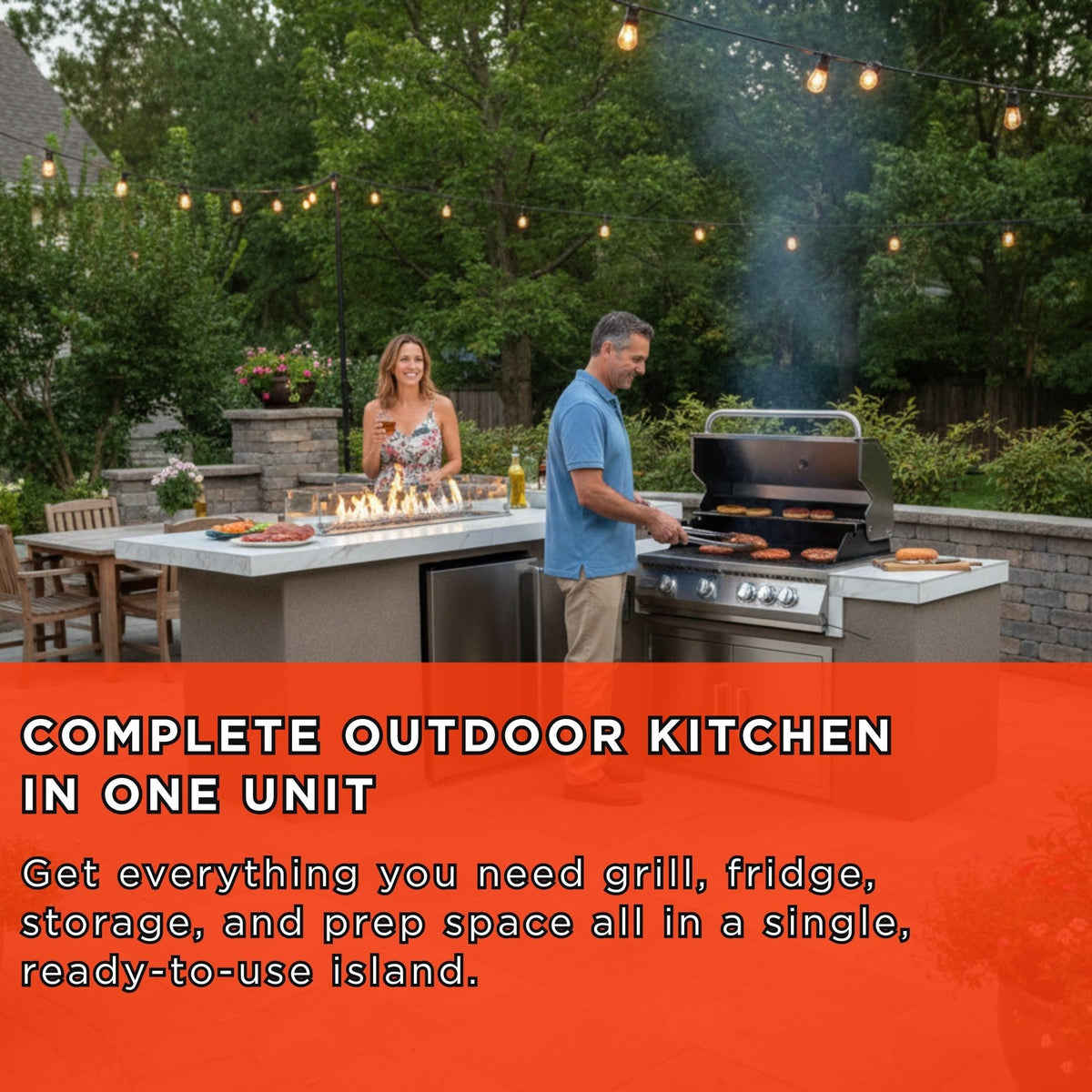 KoKoMo Grills Baja 9FT BBQ Island With LEDs, Built-In BBQ And Refrigerator [Made-To-Order] (SAK85739)