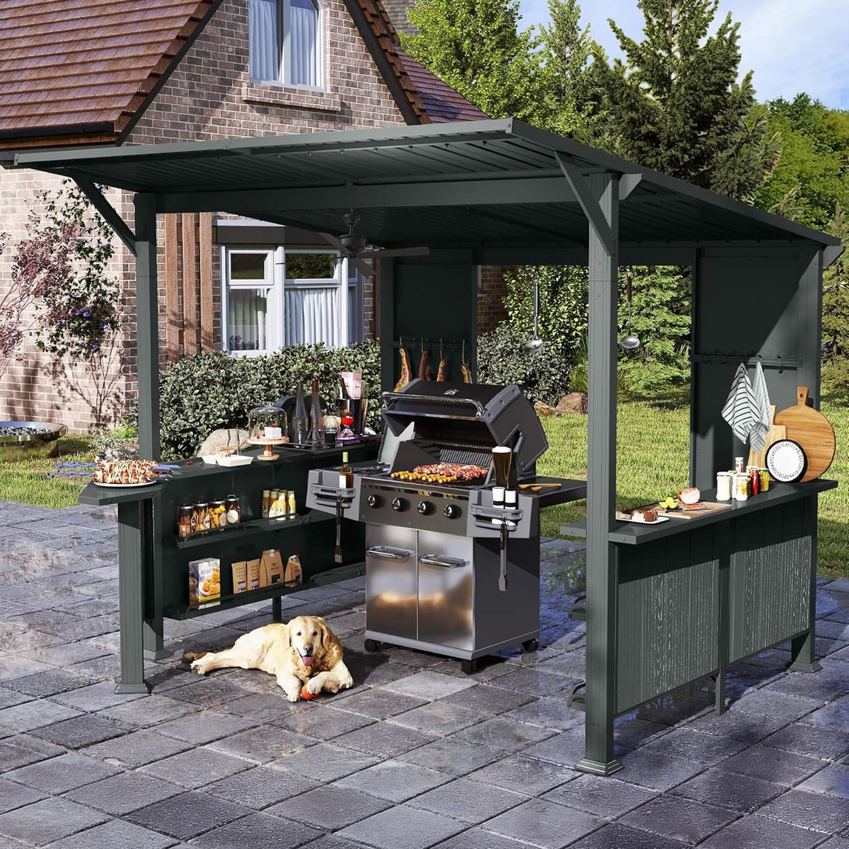 [09X10FT] Modern Slanted Hardtop Alloy Steel Grill Gazebo (SAK32687)