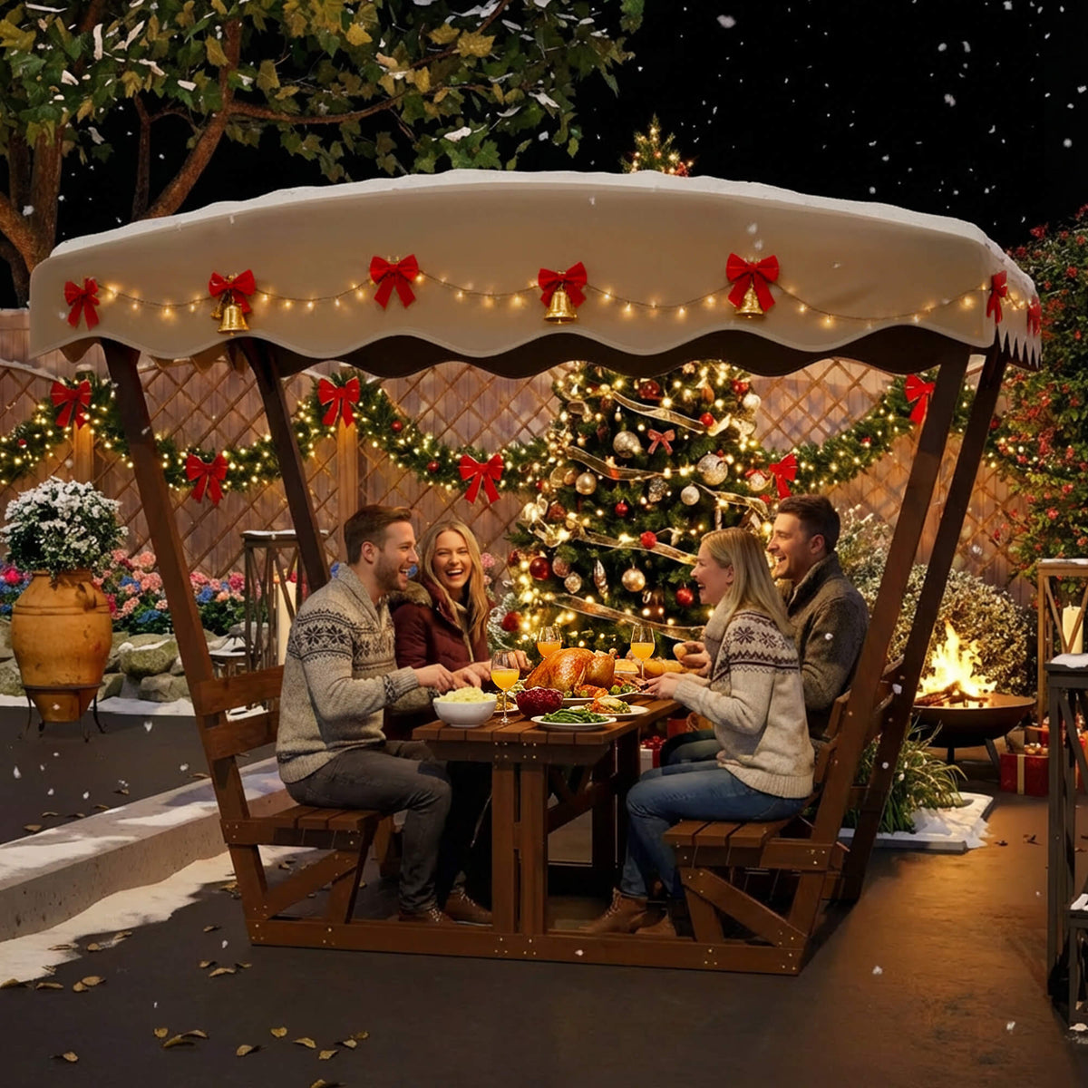 Outdoor Waterproof Wood Picnic Table And Bench Set With Removable Canopy (SAK87135)