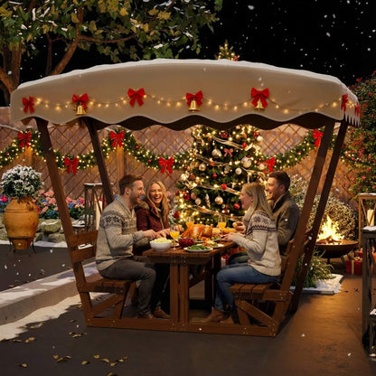 Outdoor Waterproof Wood Picnic Table And Bench Set With Removable Canopy (SAK87135)