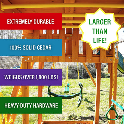 Premium Cedar Wood Tree House Swing Set With Clubhouse, Wave Slide And Spiral Slide (SAK29581)