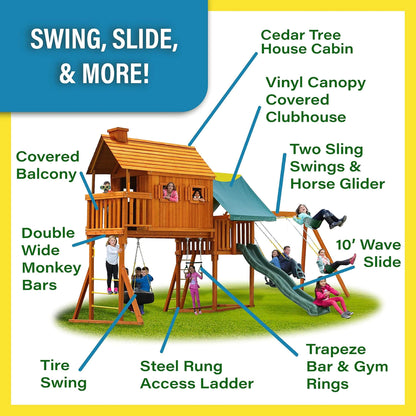 Premium Cedar Wood Tree House Swing Set With Clubhouse, Wave Slide And Spiral Slide (SAK29581)