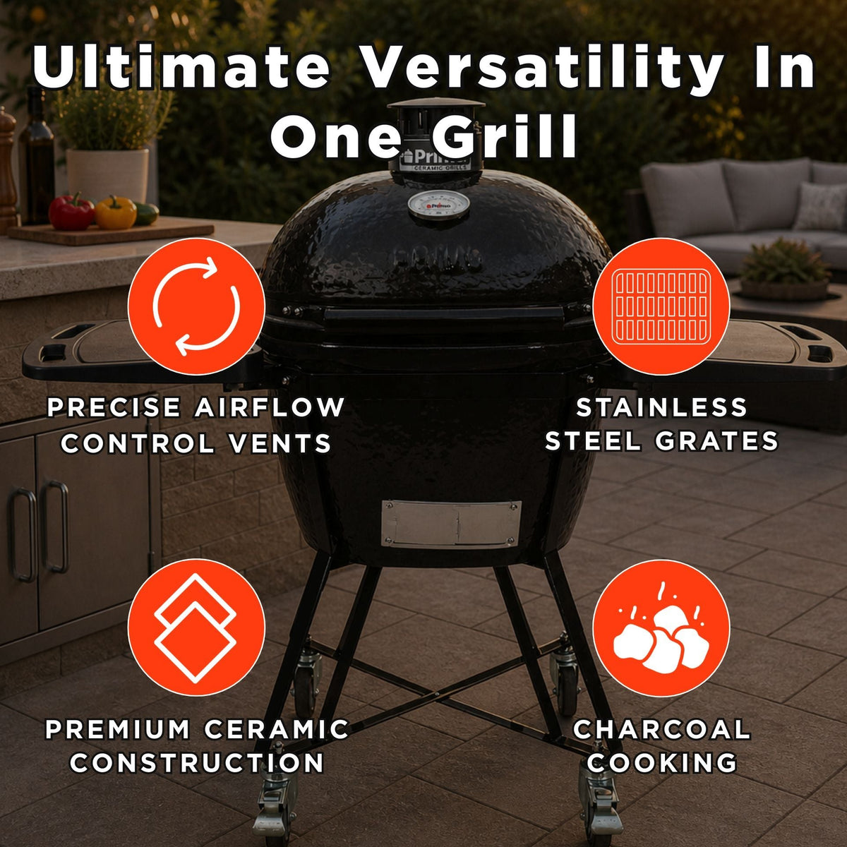 Primo Oval Large 300 All-In-One Ceramic Kamado Grill W/ Cradle, Side Shelves & Stainless Steel Grates [PGCLGC] (SAK21293)